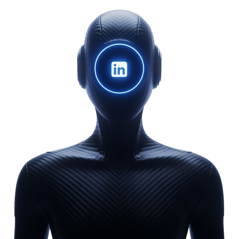 Silhouette d'une figure robotique avec un logo LinkedIn lumineux sur le visage.