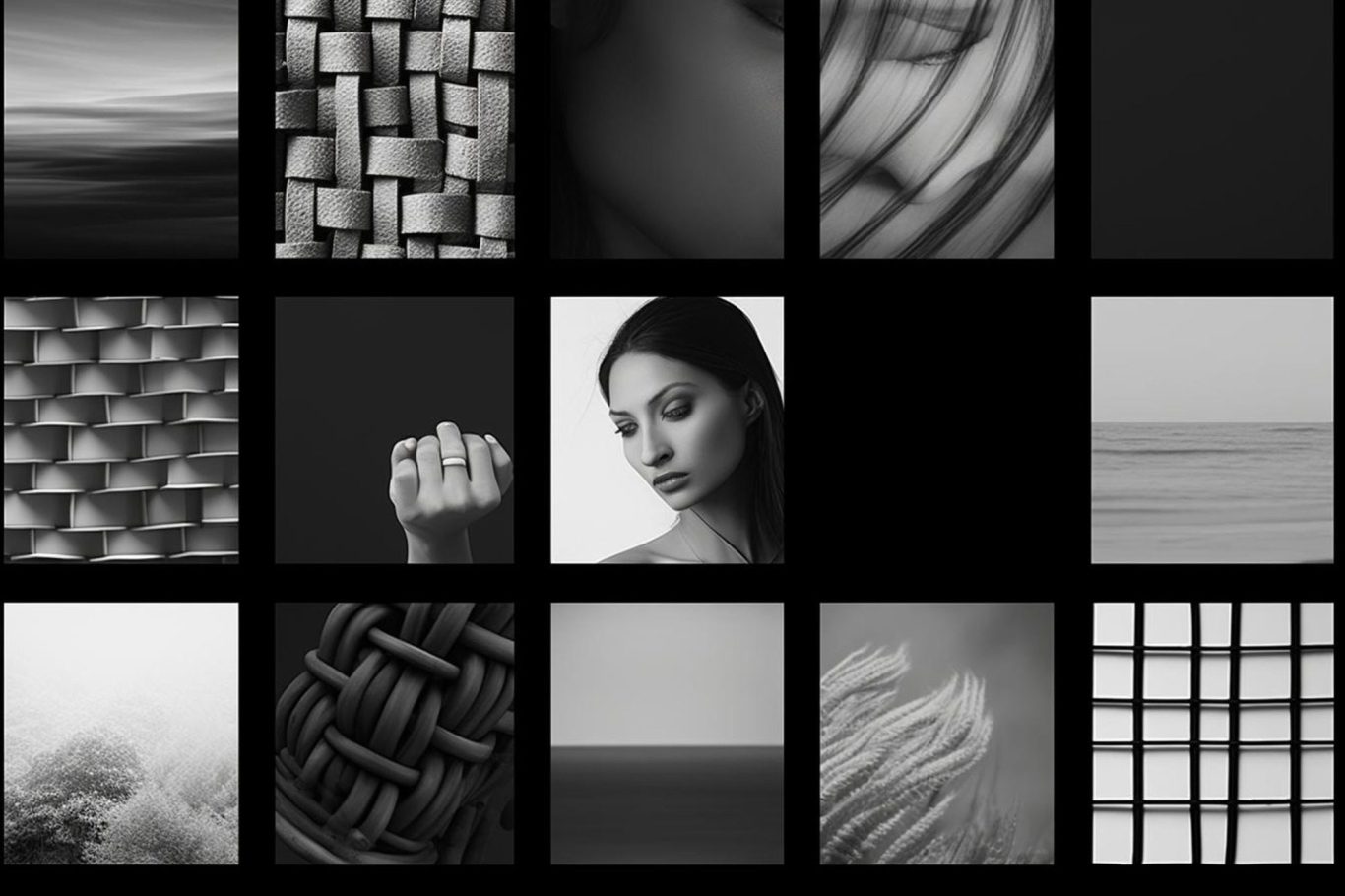 Publicité Neufchâtel en Bray Collage en noir et blanc de textures et portraits, évoquant des émotions diverses.