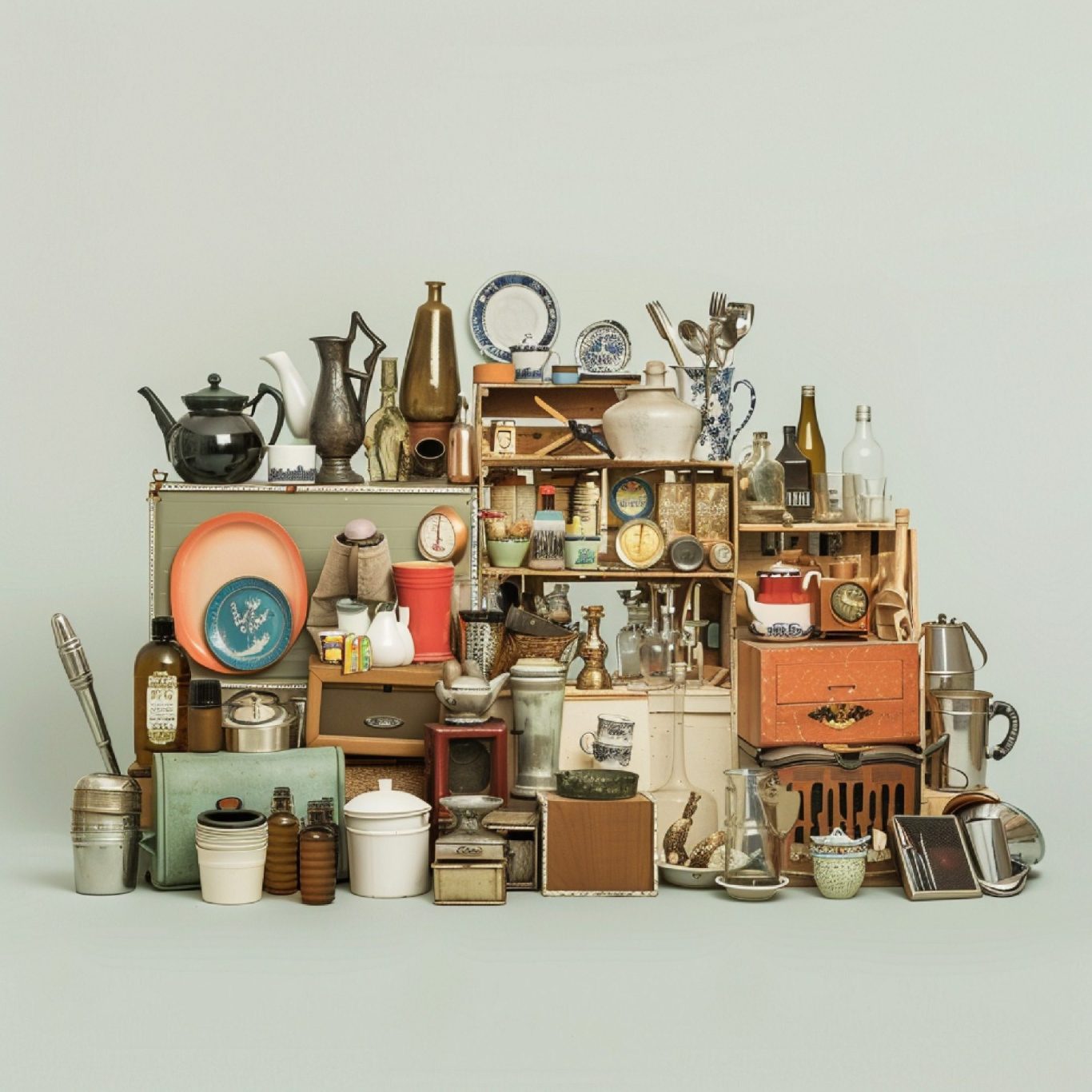 Une collection variée d'objets vintage, y compris des ustensiles de cuisine et des décorations.