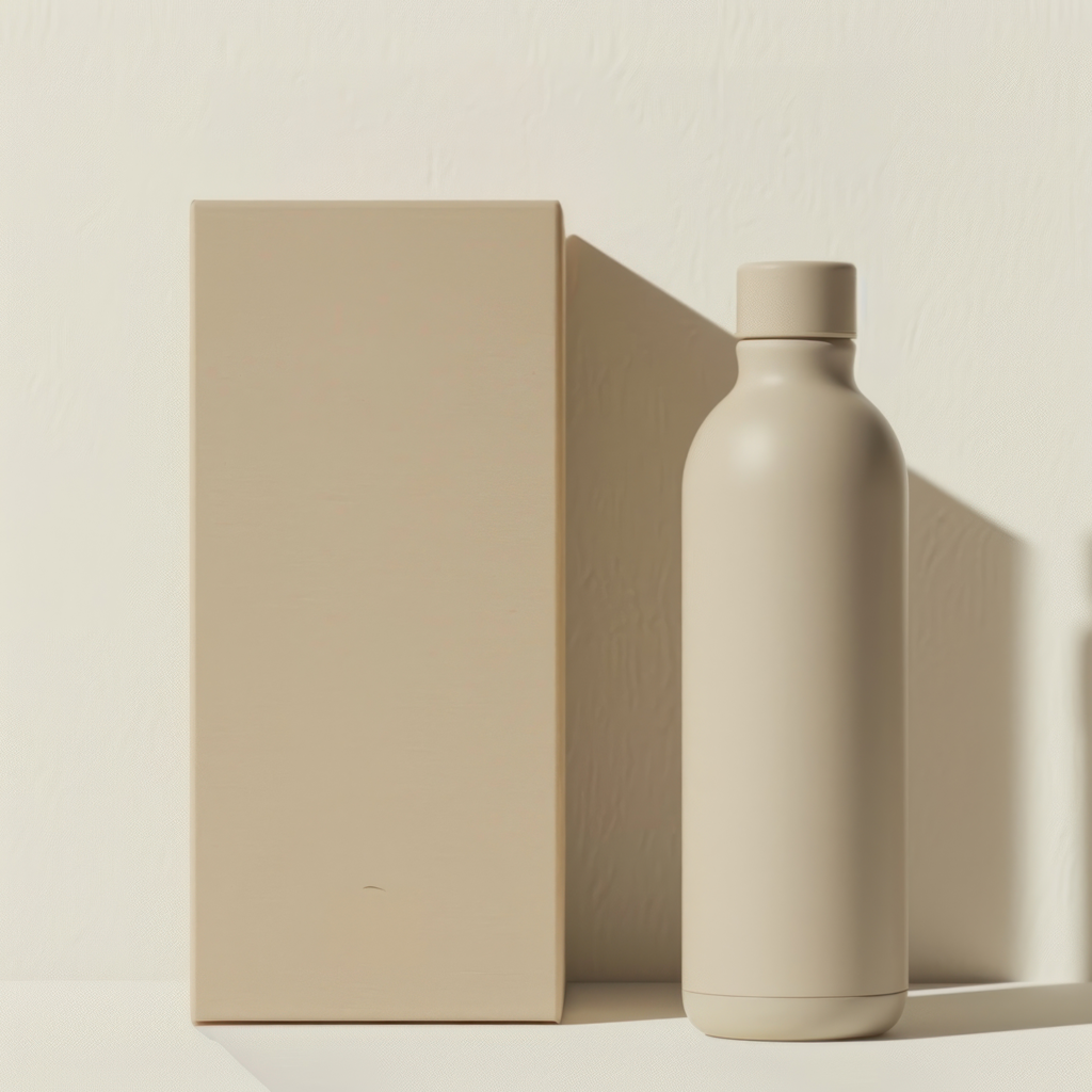 Bouteille beige et boîte assortie sur un fond neutre.